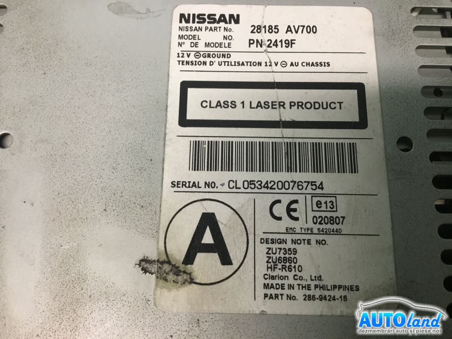 CD Player auto NISSAN PRIMERA (P12) 2002-2025 Cod 28185AV700 